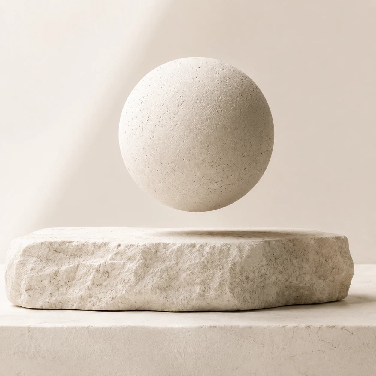 Levitating travertine stone sphere above a raw stone slab