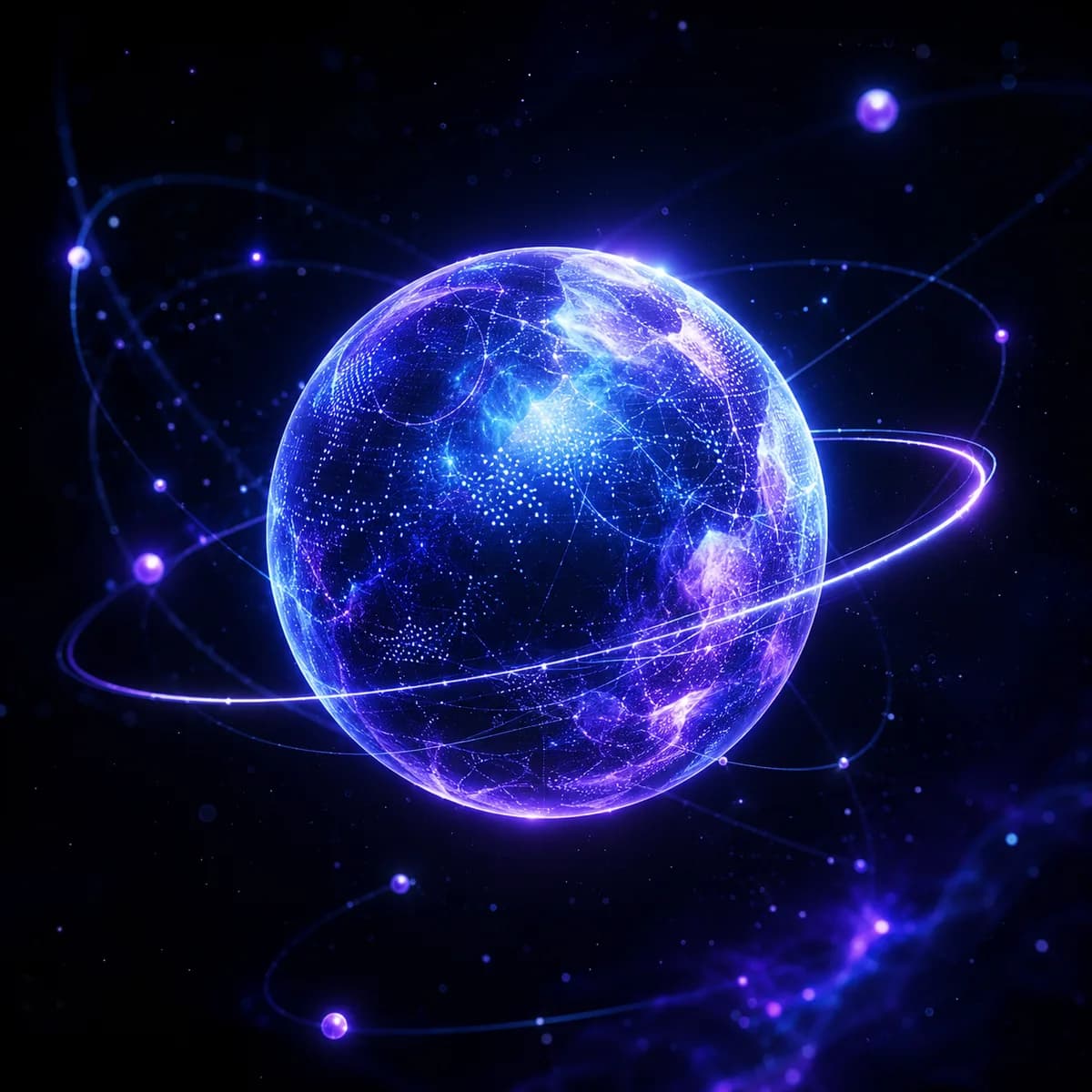 Glowing violet planet with orbit rings